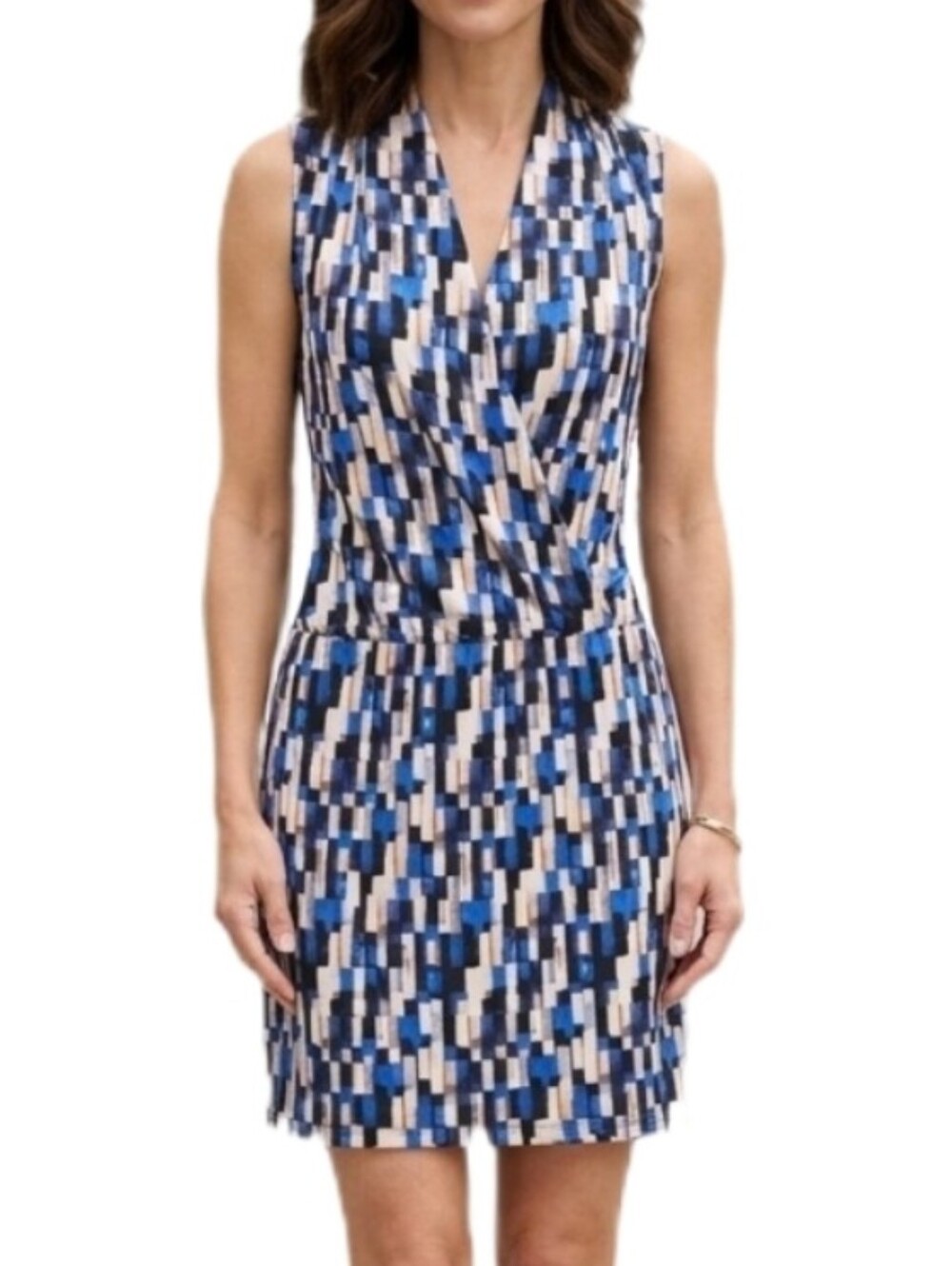 White House Black Market Dress Faux Wrap Geometric Sleeveless Blue Size 8